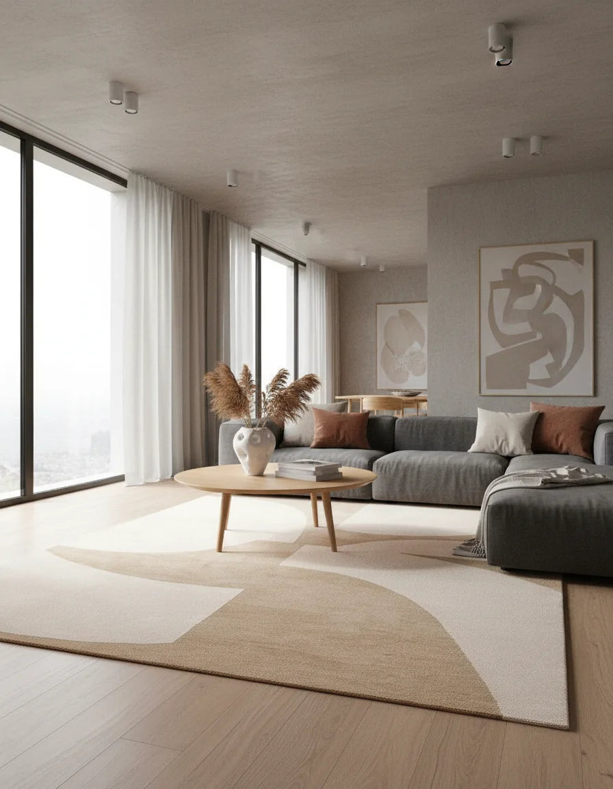 Luxury Hand Tufted Modern Abstract Wool Carpet | Minimalist Beige Area Rug with Natural Latex Anti-Skid Backing