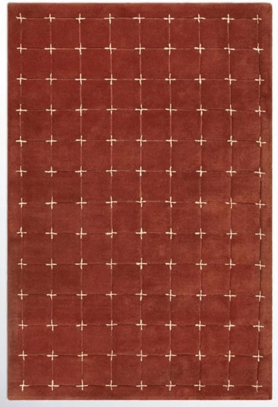 Modern Grid Wool Rug – Rust Red & Ivory