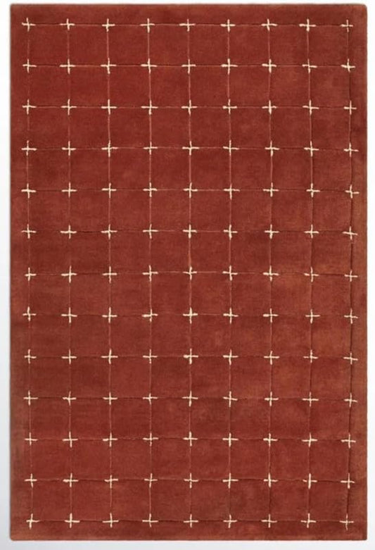Modern Grid Wool Rug – Rust Red & Ivory
