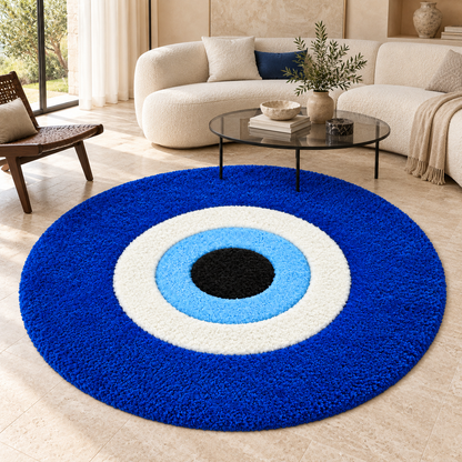 Blue Evil Eye Hand Tufted Rug | Round Statement Carpet