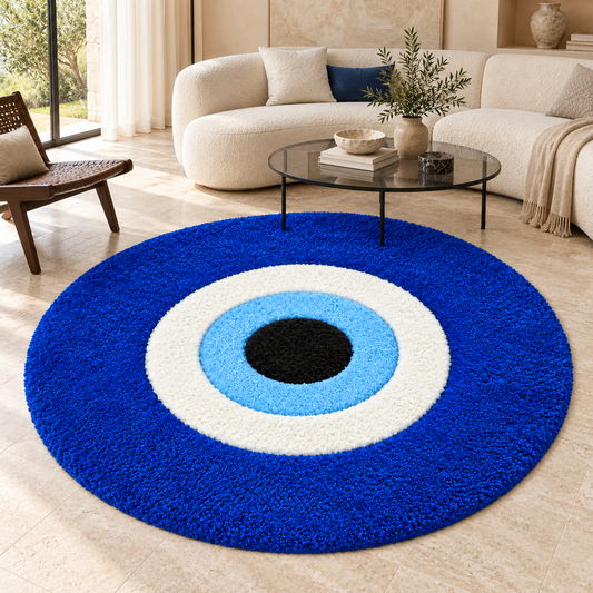 Blue Evil Eye Hand Tufted Rug | Round Statement Carpet