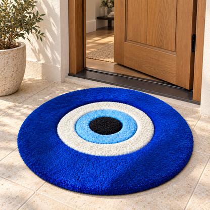 Blue Evil Eye Hand Tufted Rug | Round Statement Carpet