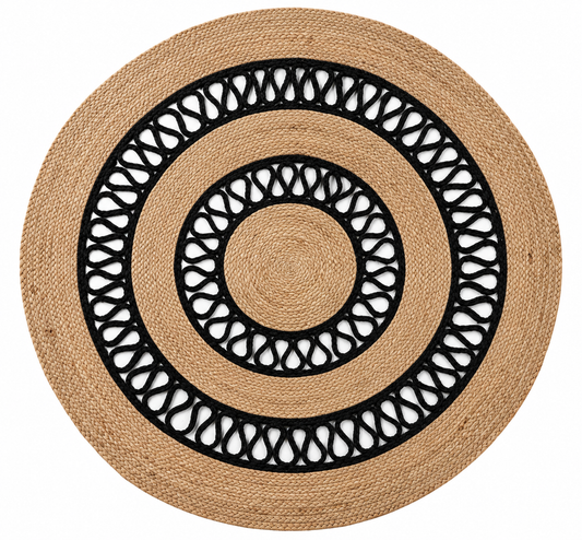 Round Natural & Black Jute Area Rug – Braided Open-Weave Circle Rug for Entryway, Living Room & Bedroom
