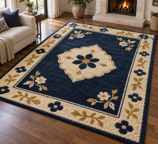 Hand Tufted Floral Wool Rug – Navy Blue, Cream & Gold