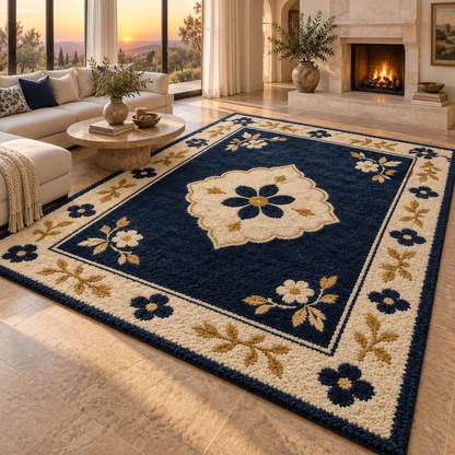 Hand Tufted Floral Wool Rug – Navy Blue, Cream & Gold