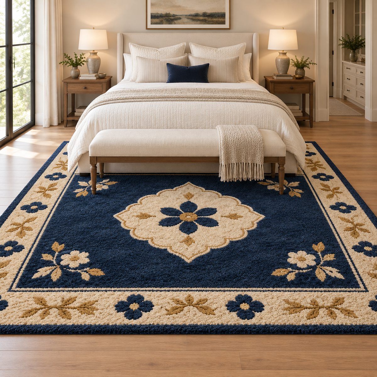 Hand Tufted Floral Wool Rug – Navy Blue, Cream & Gold