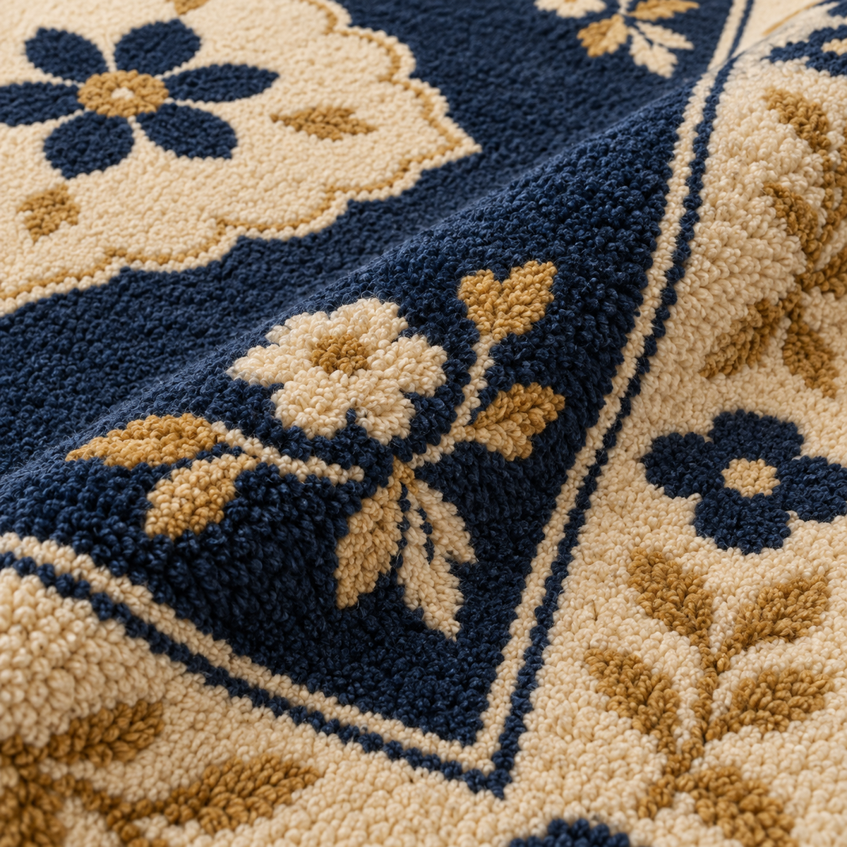Hand Tufted Floral Wool Rug – Navy Blue, Cream & Gold