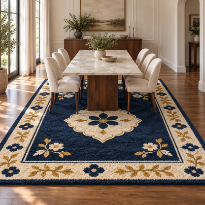 Hand Tufted Floral Wool Rug – Navy Blue, Cream & Gold