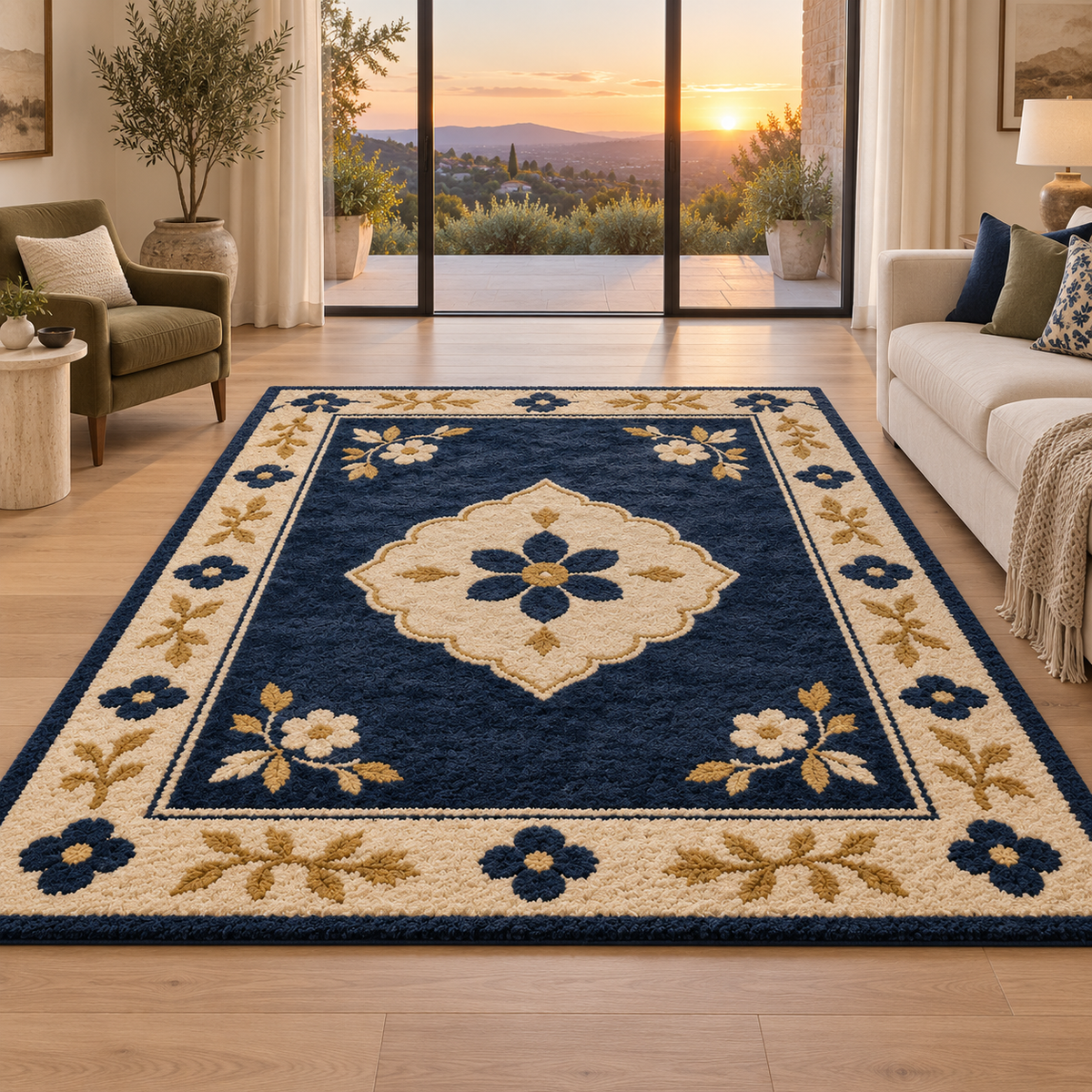 Hand Tufted Floral Wool Rug – Navy Blue, Cream & Gold