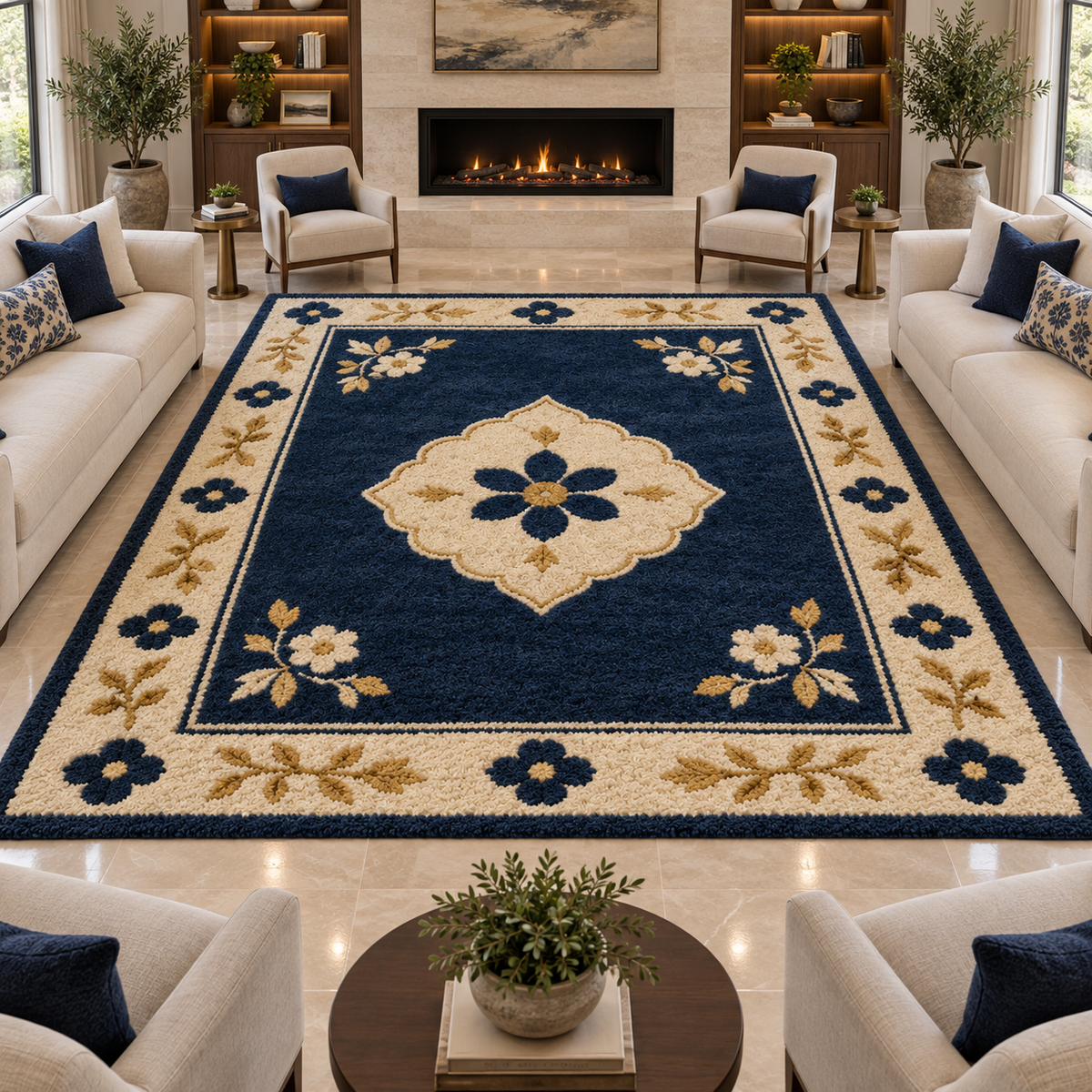 Hand Tufted Floral Wool Rug – Navy Blue, Cream & Gold