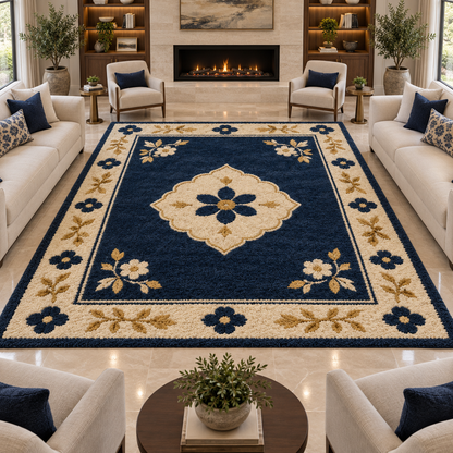 Hand Tufted Floral Wool Rug – Navy Blue, Cream & Gold