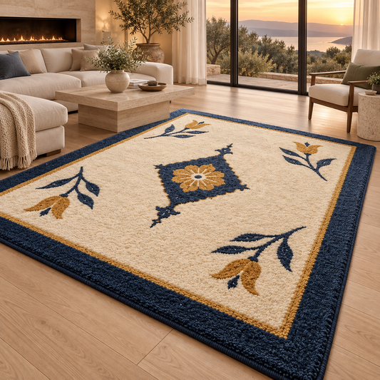 Hand Tufted Medallion Wool Rug – Cream, Navy Blue & Gold