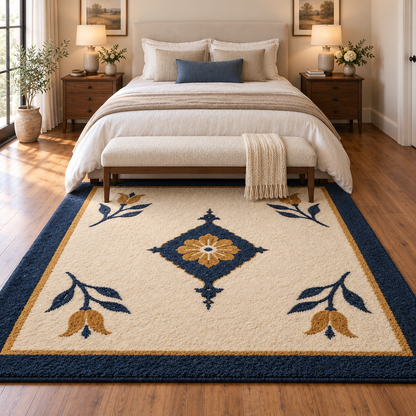 Hand Tufted Medallion Wool Rug – Cream, Navy Blue & Gold