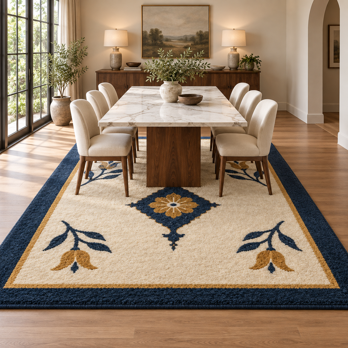 Hand Tufted Medallion Wool Rug – Cream, Navy Blue & Gold