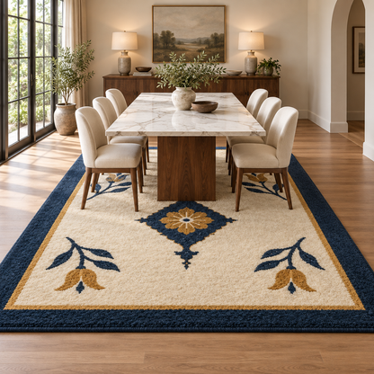 Hand Tufted Medallion Wool Rug – Cream, Navy Blue & Gold