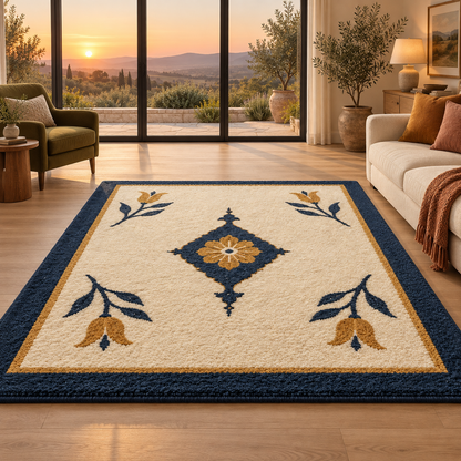 Hand Tufted Medallion Wool Rug – Cream, Navy Blue & Gold