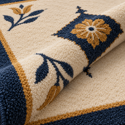 Hand Tufted Medallion Wool Rug – Cream, Navy Blue & Gold