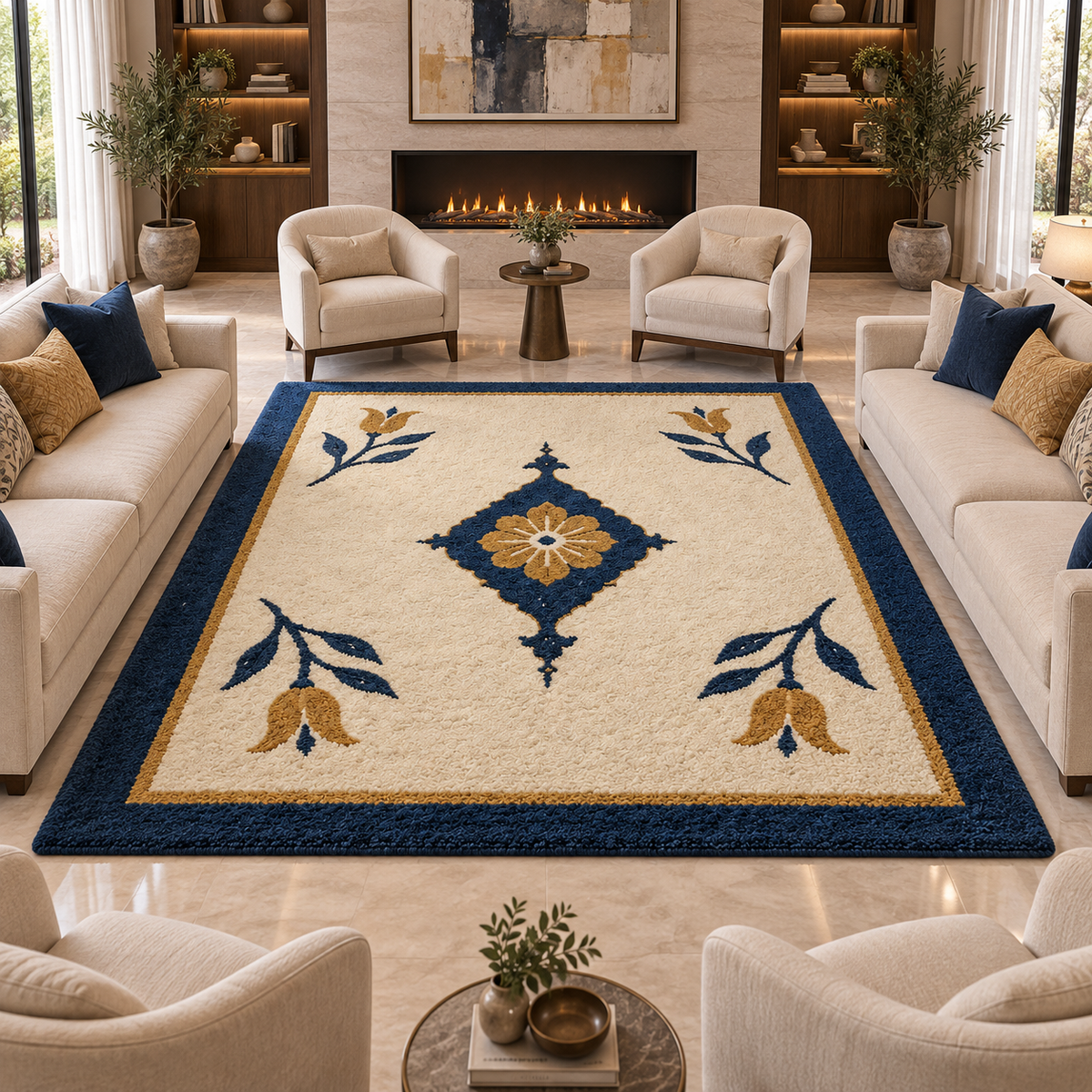 Hand Tufted Medallion Wool Rug – Cream, Navy Blue & Gold