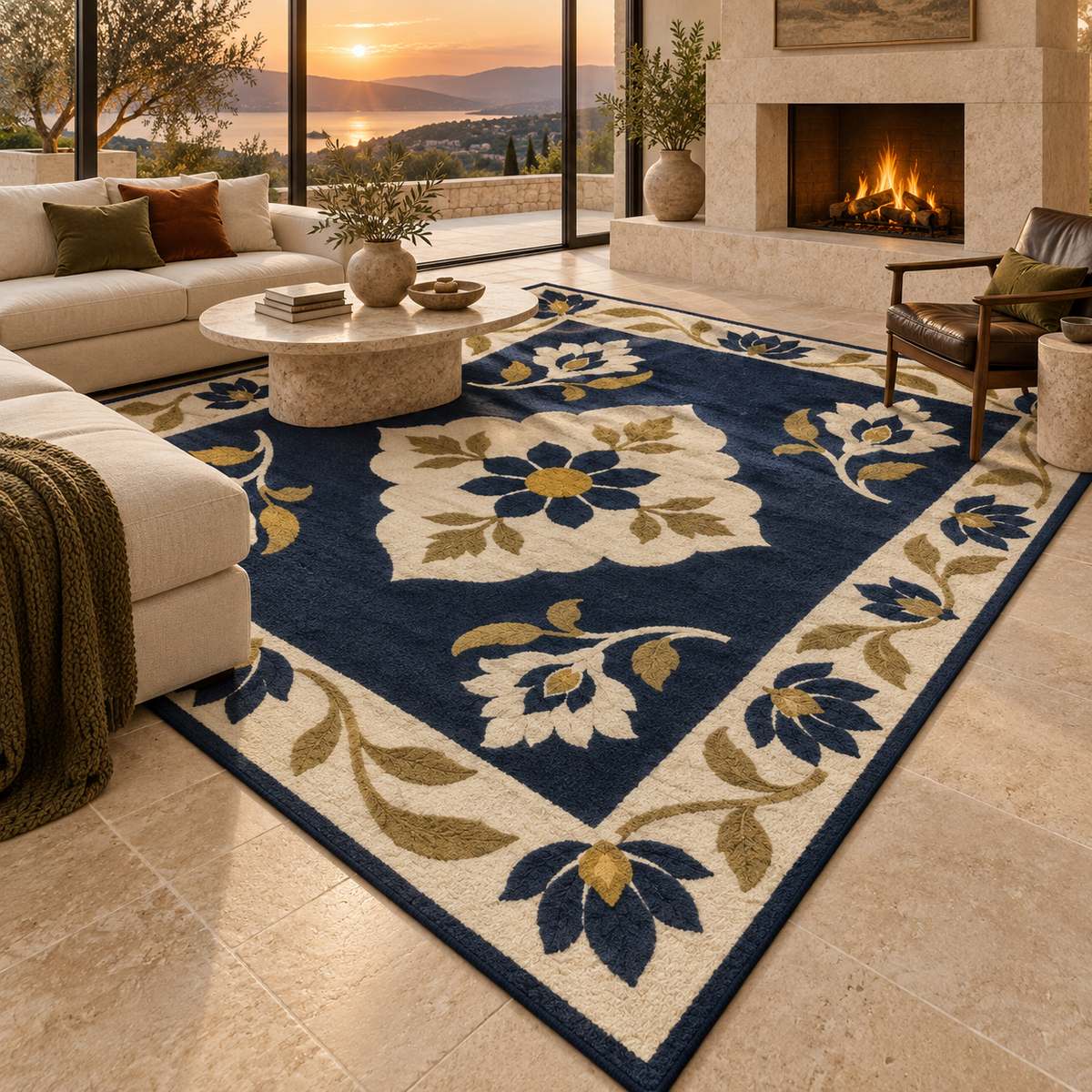 Hand Tufted Floral Wool Area Rug – Navy Blue, Cream & Gold Botanical Design