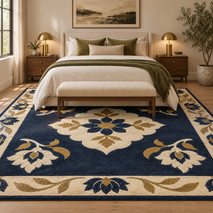 Hand Tufted Floral Wool Area Rug – Navy Blue, Cream & Gold Botanical Design
