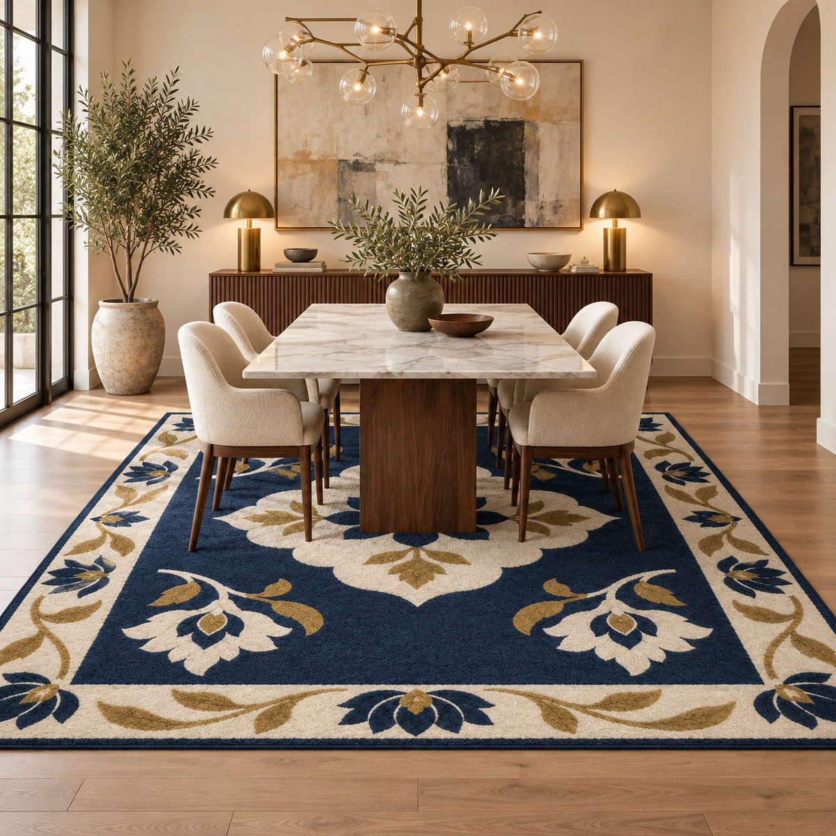 Hand Tufted Floral Wool Area Rug – Navy Blue, Cream & Gold Botanical Design
