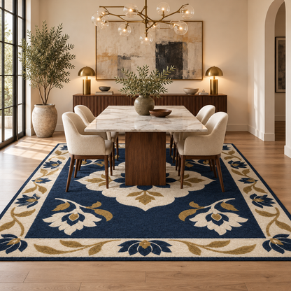 Hand Tufted Floral Wool Area Rug – Navy Blue, Cream & Gold Botanical Design