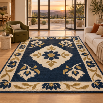 Hand Tufted Floral Wool Area Rug – Navy Blue, Cream & Gold Botanical Design