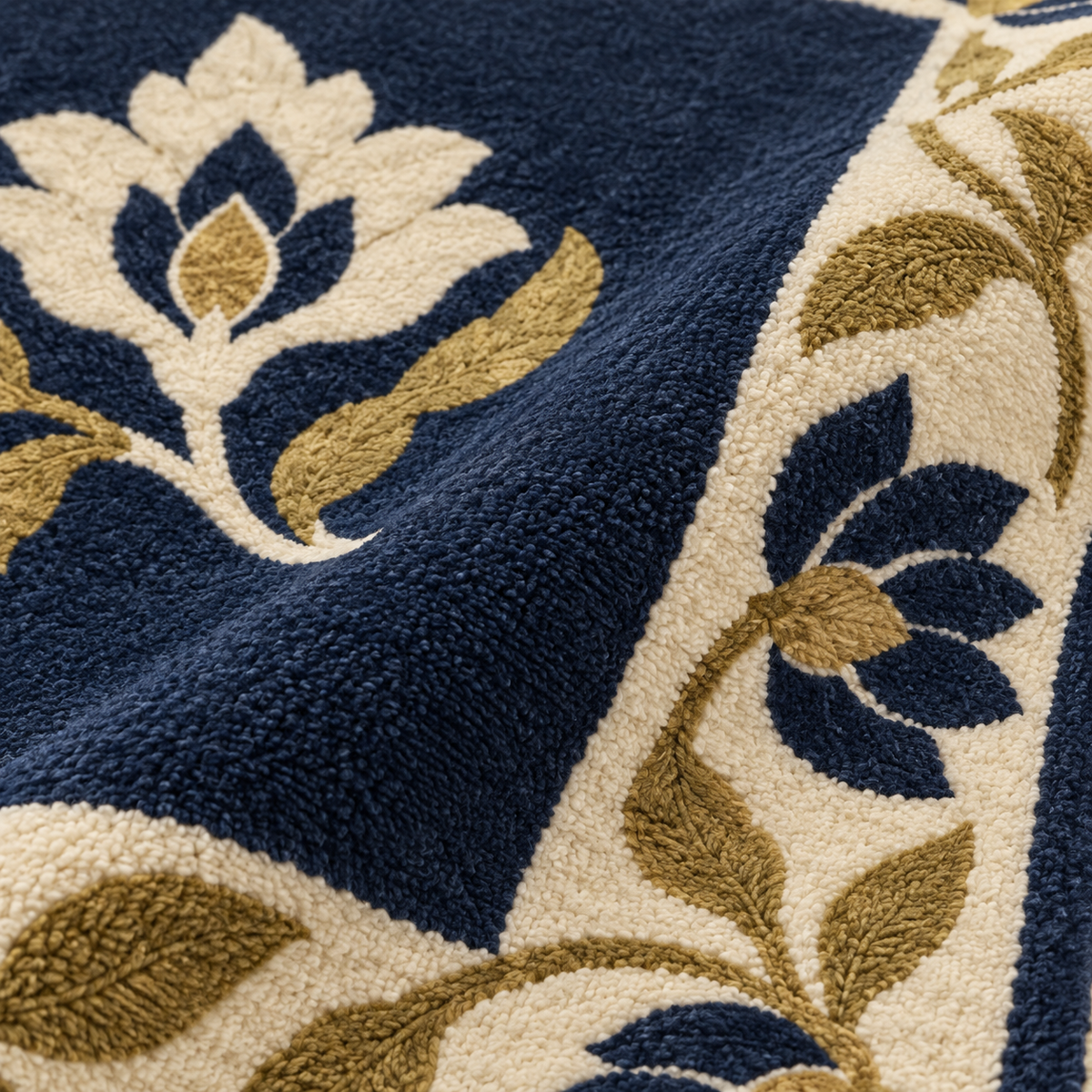Hand Tufted Floral Wool Area Rug – Navy Blue, Cream & Gold Botanical Design