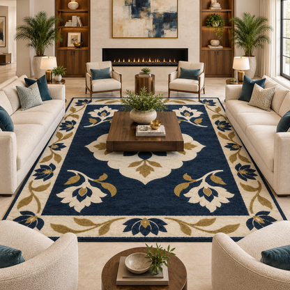 Hand Tufted Floral Wool Area Rug – Navy Blue, Cream & Gold Botanical Design