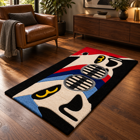 BMW Inspired Hand Tufted Wool Rug – Red Blue Black Car Theme Runner Rug