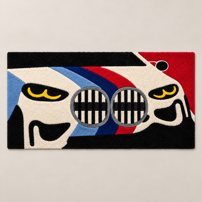 BMW Inspired Hand Tufted Wool Rug – Red Blue Black Car Theme Runner Rug