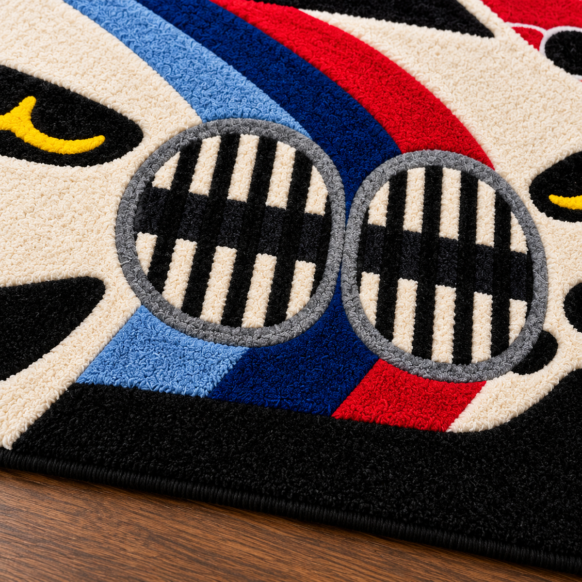 BMW Inspired Hand Tufted Wool Rug – Red Blue Black Car Theme Runner Rug
