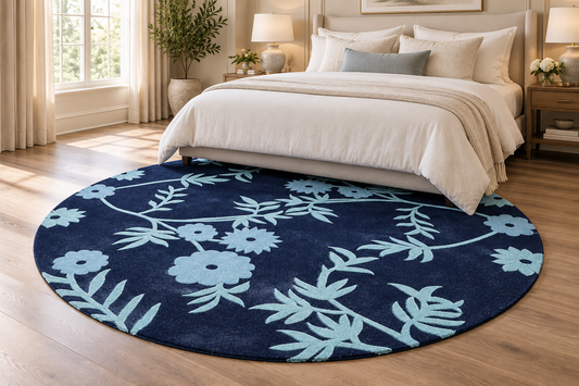 Blue Floral Round Hand Tufted Wool Rug – Navy & Aqua Botanical Area Rug