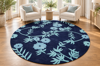 Blue Floral Round Hand Tufted Wool Rug – Navy & Aqua Botanical Area Rug