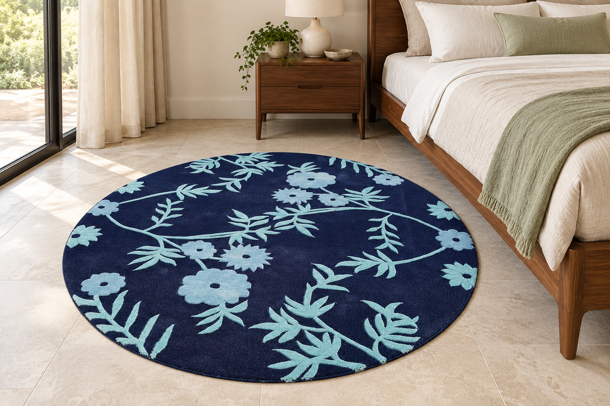 Blue Floral Round Hand Tufted Wool Rug – Navy & Aqua Botanical Area Rug