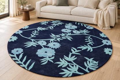 Blue Floral Round Hand Tufted Wool Rug – Navy & Aqua Botanical Area Rug
