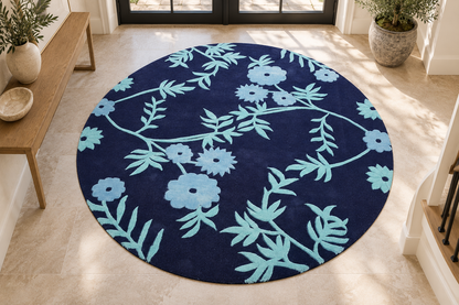 Blue Floral Round Hand Tufted Wool Rug – Navy & Aqua Botanical Area Rug