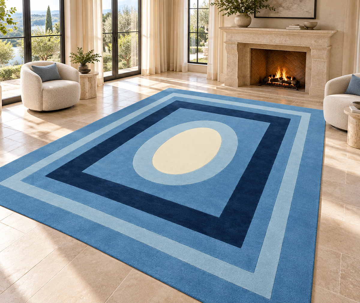 Hand Tufted Blue Geometric Wool Rug – Modern Luxury Area Carpet