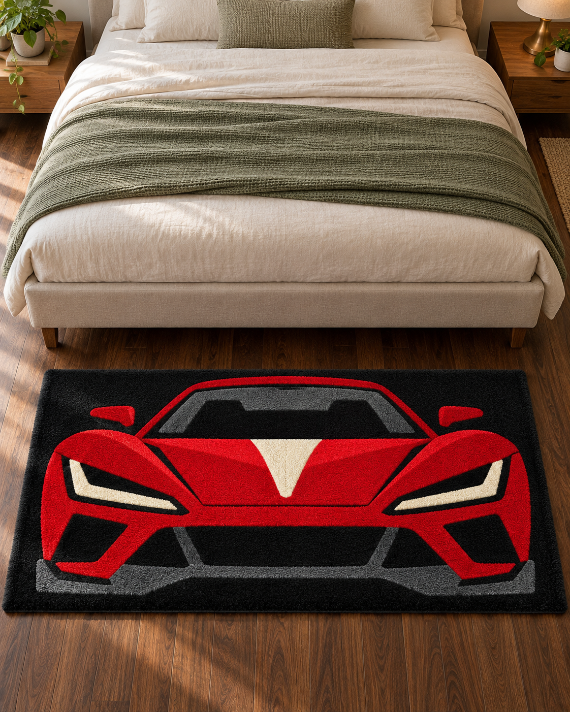 Red Sports Car Hand Tufted Wool Rug – Black & Red Racing Car Area Rug
