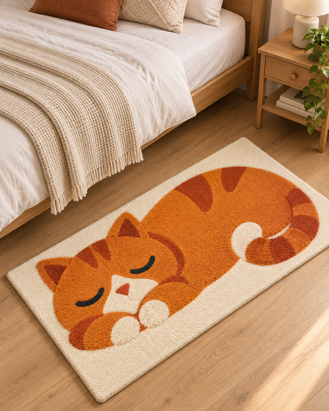 Sleeping Orange Cat Hand Tufted Wool Rug – Cute Cat Area Rug for Bedroom & Gaming Room
