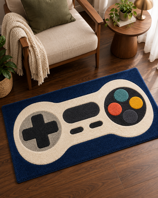 Gaming Controller Hand Tufted Wool Rug – Blue & Cream Gamer Area Rug