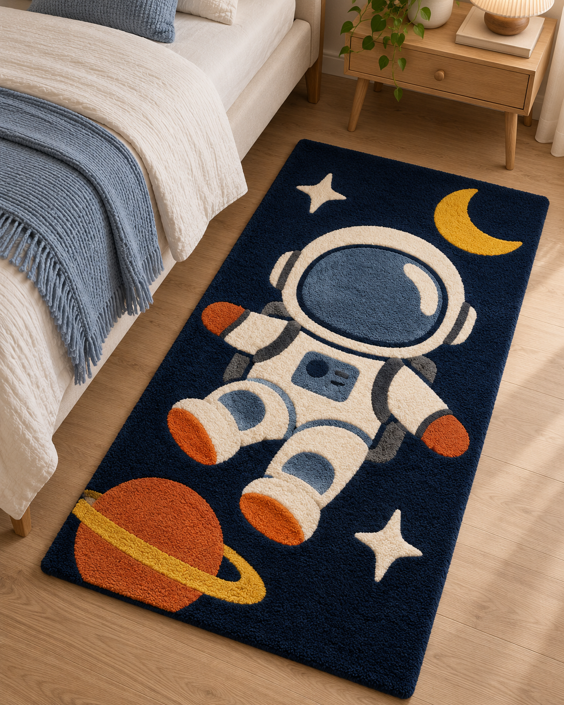 Astronaut Hand Tufted Wool Rug – Space Theme Navy Blue Kids Bedroom Rug