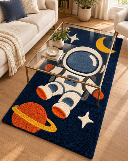 Astronaut Hand Tufted Wool Rug – Space Theme Navy Blue Kids Bedroom Rug