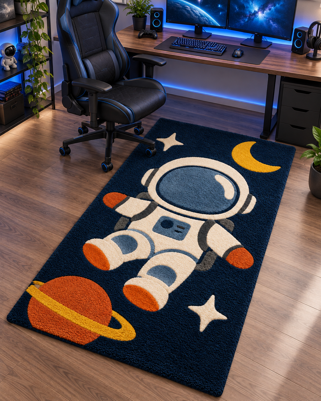Astronaut Hand Tufted Wool Rug – Space Theme Navy Blue Kids Bedroom Rug