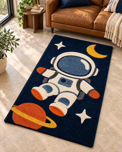 Astronaut Hand Tufted Wool Rug – Space Theme Navy Blue Kids Bedroom Rug