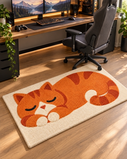 Sleeping Orange Cat Hand Tufted Wool Rug – Cute Cat Area Rug for Bedroom & Gaming Room