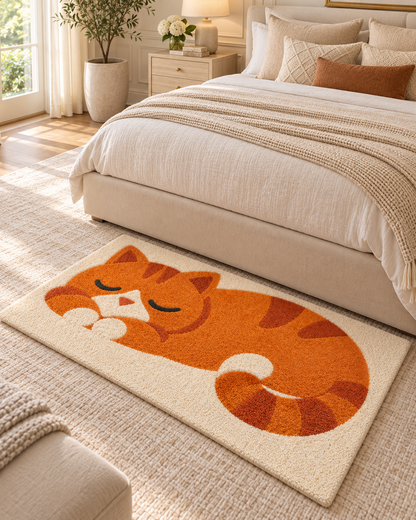 Sleeping Orange Cat Hand Tufted Wool Rug – Cute Cat Area Rug for Bedroom & Gaming Room