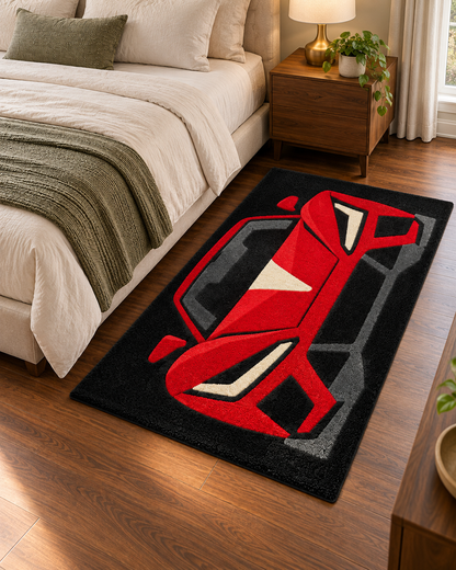 Red Sports Car Hand Tufted Wool Rug – Black & Red Racing Car Area Rug