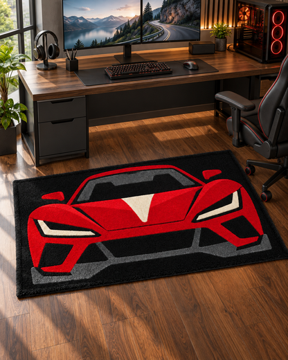 Red Sports Car Hand Tufted Wool Rug – Black & Red Racing Car Area Rug