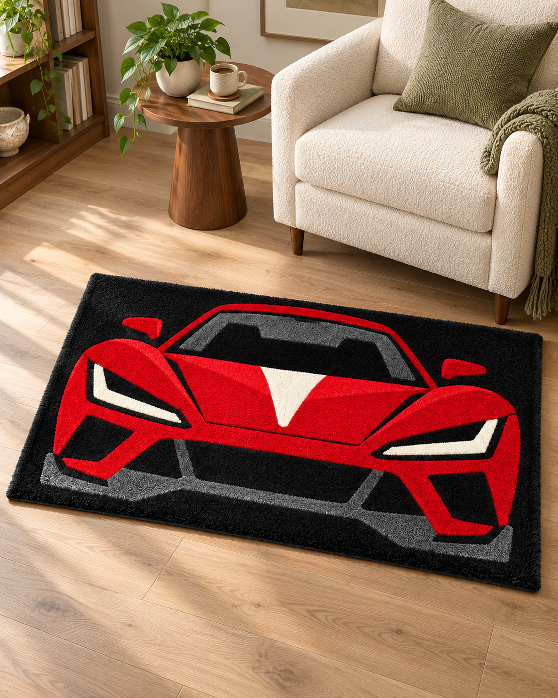 Red Sports Car Hand Tufted Wool Rug – Black & Red Racing Car Area Rug